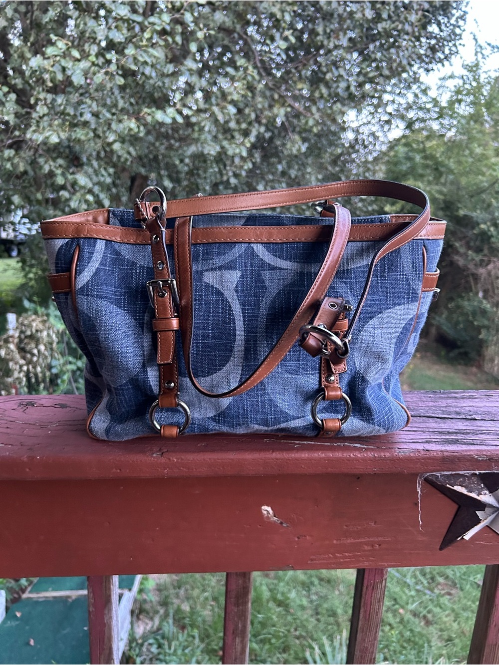 Coach Blue Signature East/West Gallery Denim Tote with Brown Leather Accents - Picture 2 of 14